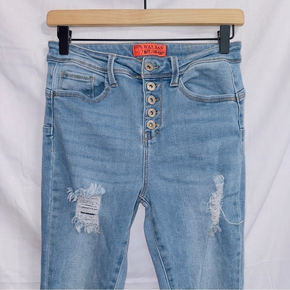 Wax Jean Light Wash Denim High Rise Button Front Distressed Skinny Jean 5/27 - Picture 2 of 6